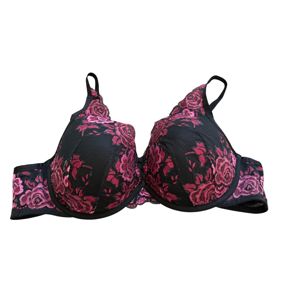 Torrid XO Plunge Push-Up Bra 44C Black Pink Floral Lace Underwire Lingerie